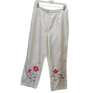 Dressbarn Women's Cream Floral Embroidered Faux Silk High Waist Ankle Pants